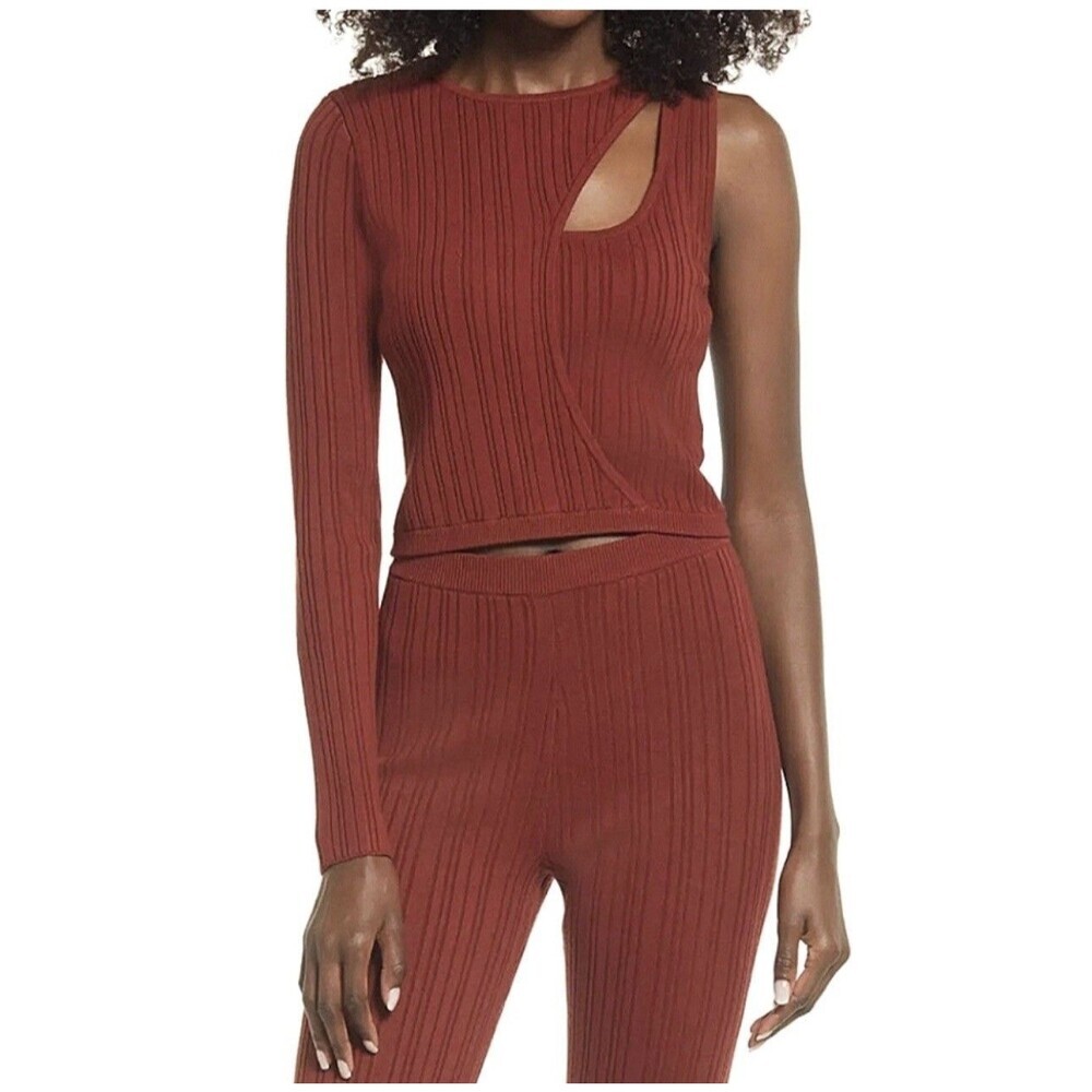 Open Edit Cut Out One Shoulder Orange Cropped LS Top Size M Split Hem Sweater - Picture 2 of 8